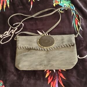 Wembley Gray Suede Crossbody with Agate Medallion